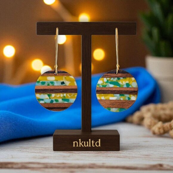 Handcrafted Wood & Resin Trendy Round Earrings With Golden Color Alloy Hooks - Picture 6 of 11